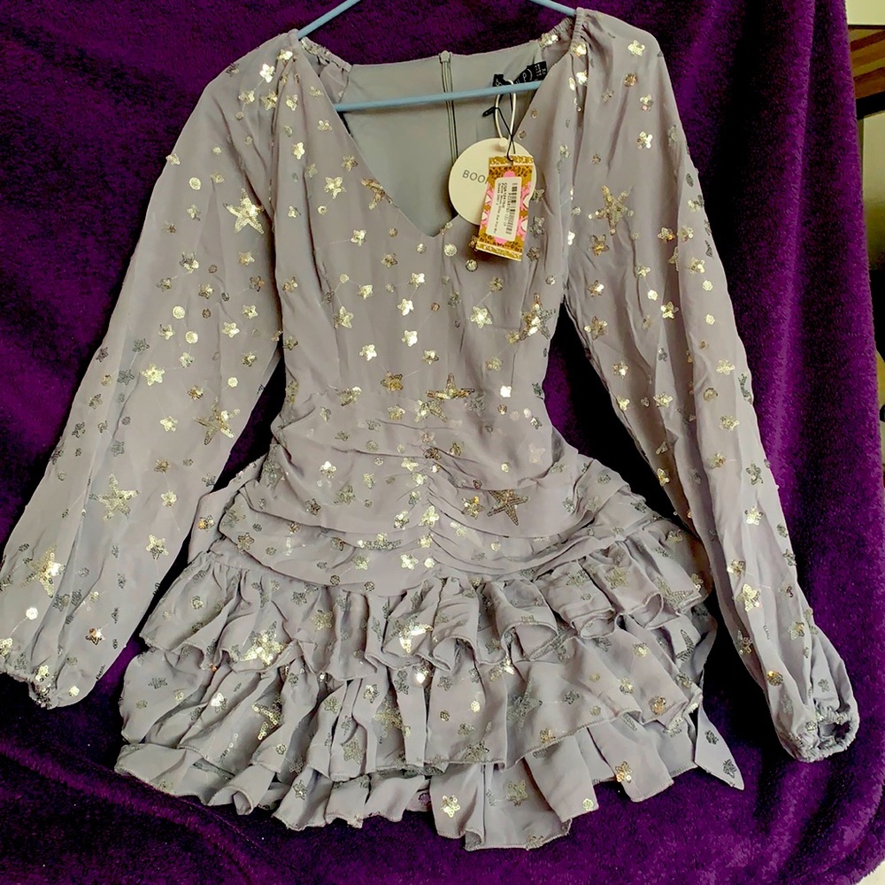 BooHoo Petite Woven Glitter Star Print Mini Dress